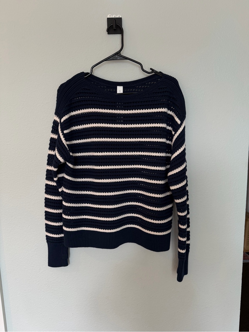 Lululemon Cotton Crochet Pullover Open-Knit Crewneck Sweater - Navy & White